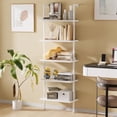 thumbnail image 6 of Ladder Shelf White Wooden Bookshelf 5-Tier Wall-Mounted Open Wood Rack Industrial Modern Plant Flower Stand Utility Organizer Bookcase Metal Frame Furniture Office Kitchen Bedroom, 6 of 8