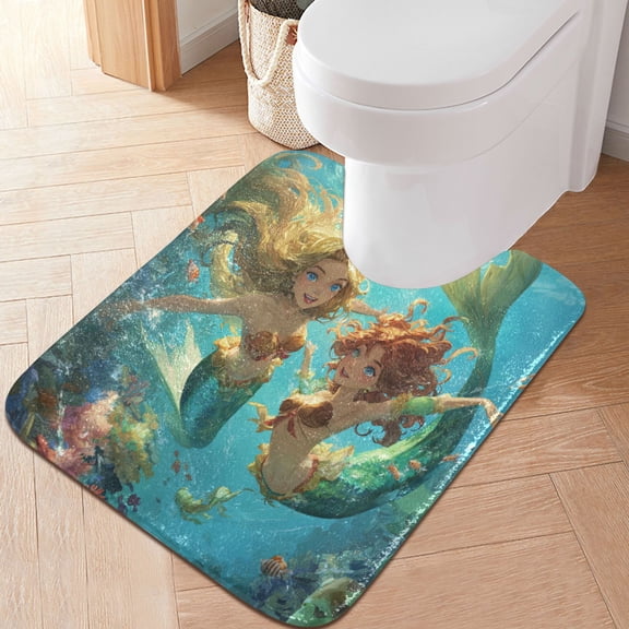 RMDQTR 20" × 24" U Shape Bathroom Rugs Plush Toilet Base Mat Soft Rugs Non Slip Absorbent Cute Cartoon Mermaids