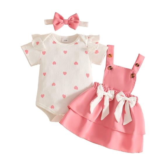 JIAYUE Baby Girls 3 Piece Outfit Ruffle Shoulder Graphic Long Sleeve Bodysuit Bow Decor Straps Dress And Headband For Daily Casual Wear,9-12 Months