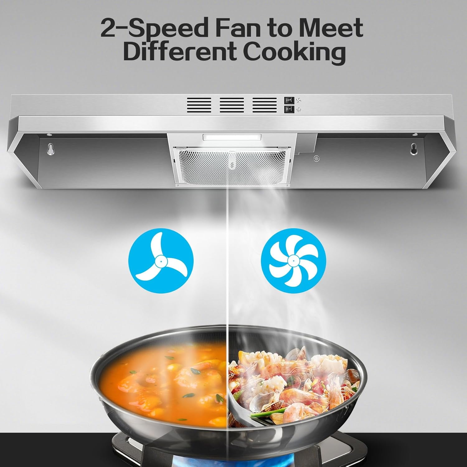 Under Cabinet Range Hood 36 inch, Ducted/Ductless Vent Hood with 2 Speeds Fan, Black Range Hood with Rocker Button Control, Kitchen Hood 280CFM, Bright LED Light