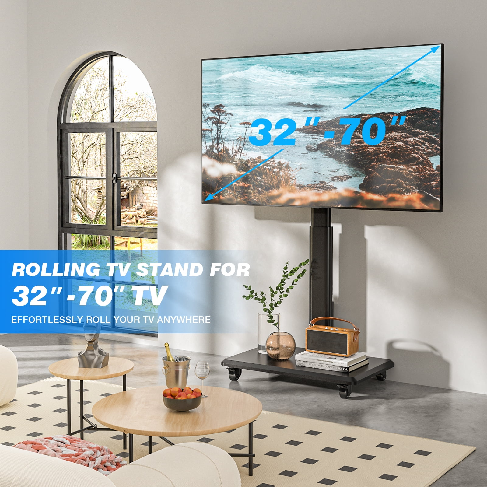 RTVR Universal Rolling TV Cart with Power Outlet for 32-70 Inch TVs, Height Adjustable Black