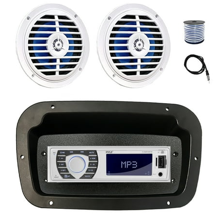Pyle PLRMR23BTW Single DIN Bluetooth Marine MP3 Stereo Receiver Spa bezel Adapter Plate 22 Radio Antenna Wire 2x 5.25 100 Watt Peak Full Range Dual Cone Waterproof Stereo Speakers (White)