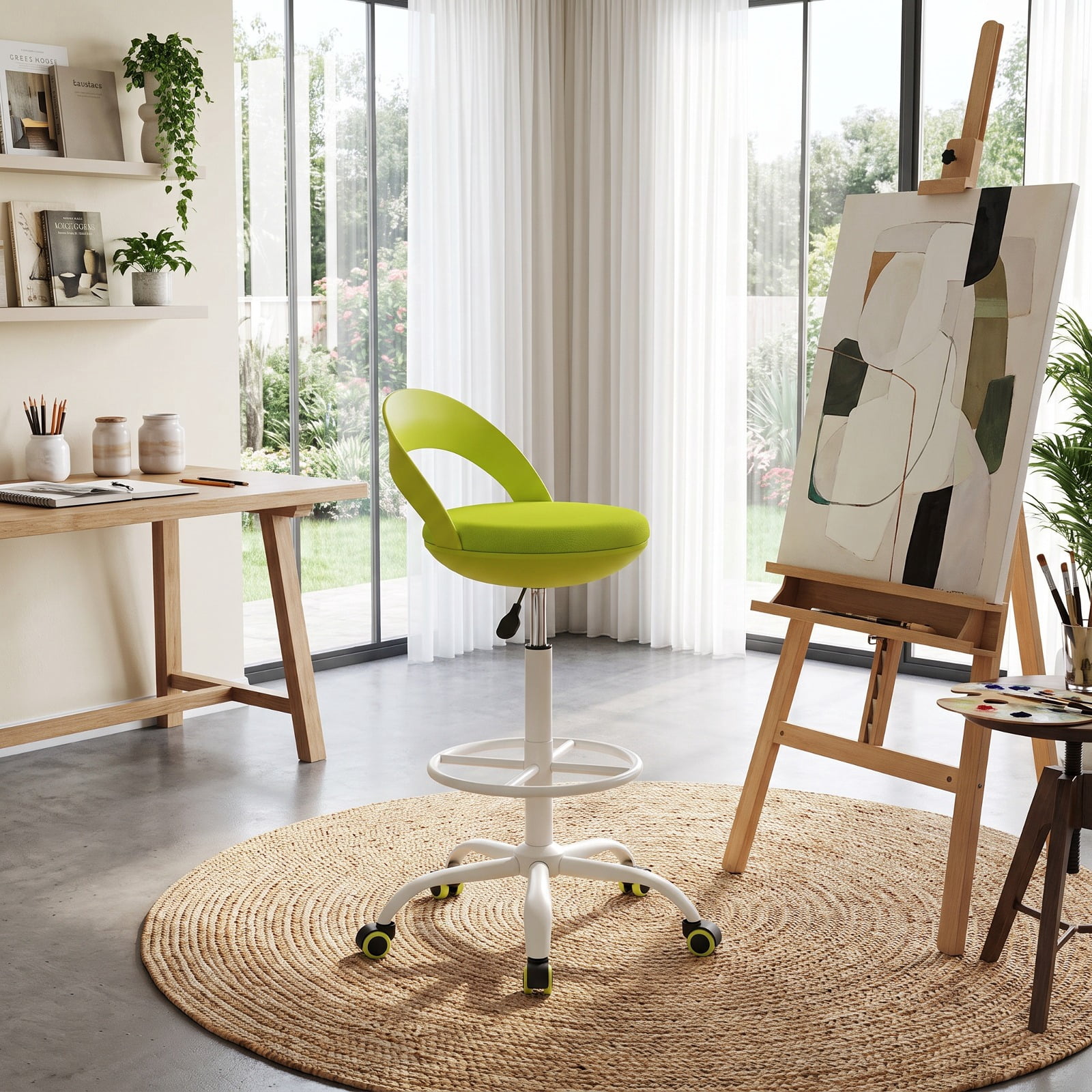Furnibear Drafting Stool Rolling Tall Desk Chair with Wheels for Home Office Study Desk Computer Task, Green
