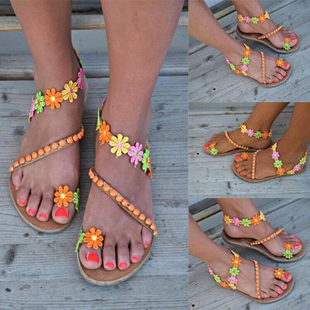 

1 Pair Women Sandals Bohemia Flower Flat Shoes Anti-slip Fashion for Summer Beach