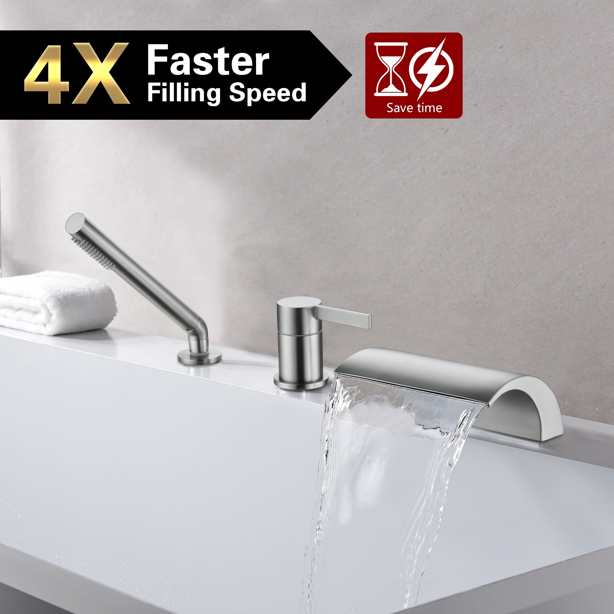 SUMERAIN Brushed Nickel Bathroom Roman Tub Faucet, 3-Hole Deck Mount Waterfall Bathtub Faucet with Hand Shower