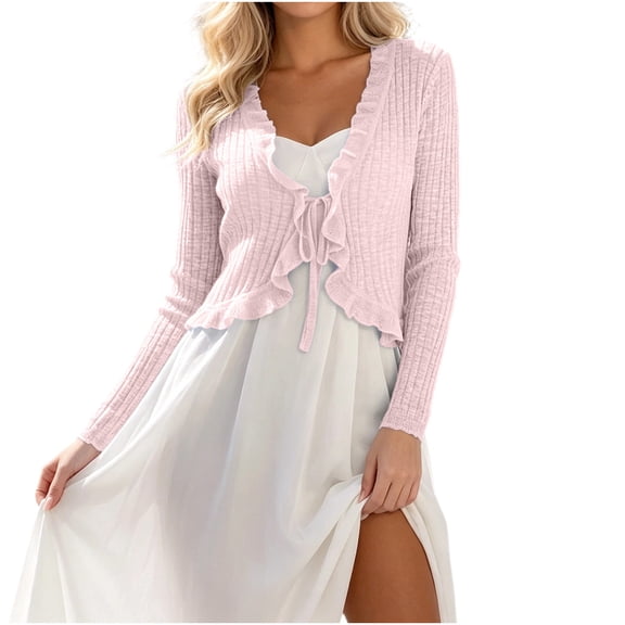 Ankola Womens Tie Front Cardigan Long Sleeve Rib Knit Shrug for Dress Sweaters Crop Tops