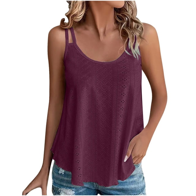 AherBiu Camisole pour Femmes Sans Manches à Col Rond avec Broderie Oeillets Chic Décontractée Ample Fluide Camis