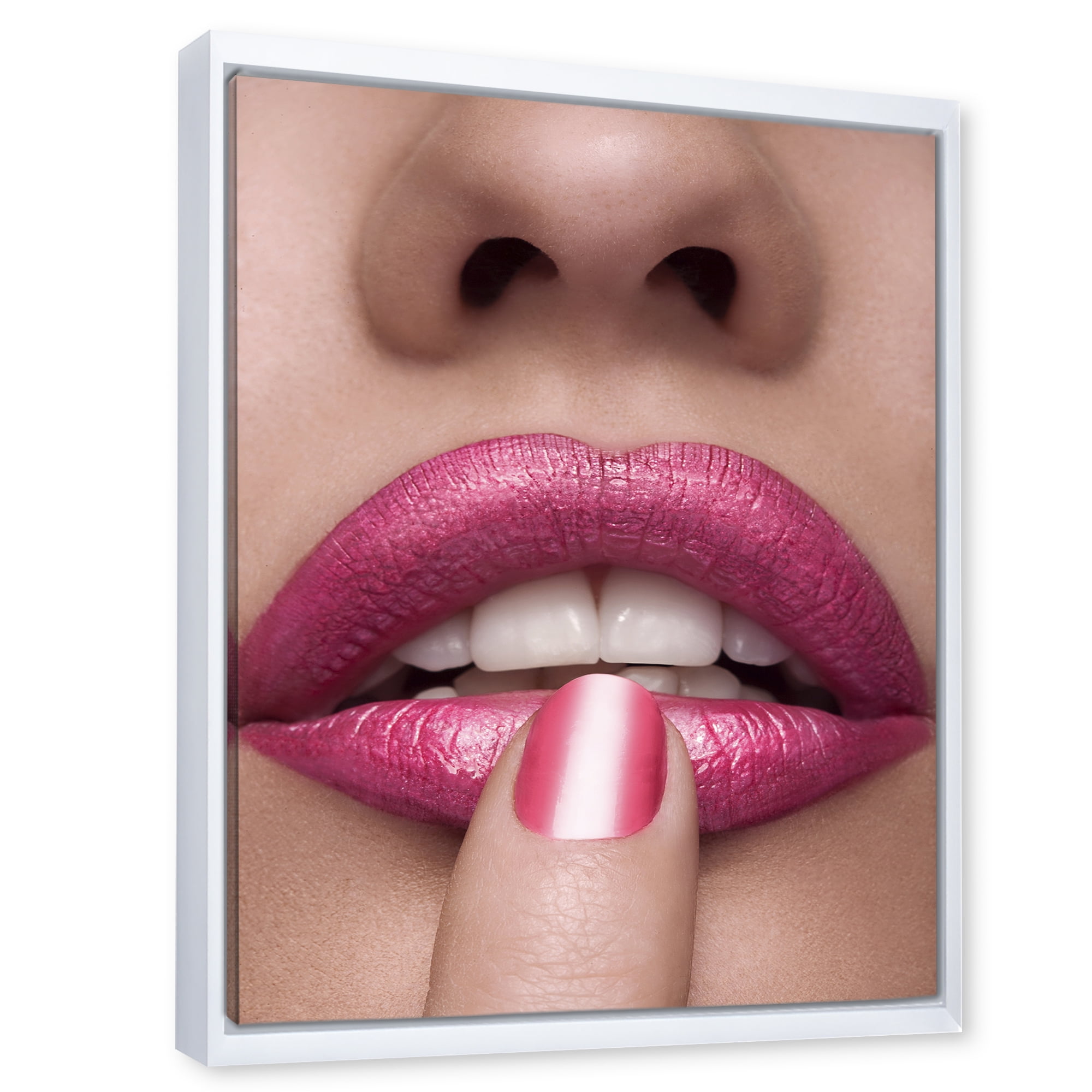 Designart 'Pink Female Lips With Finger On Mouth' Modern Framed Canvas Wall Art Print