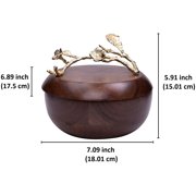 The Milli Collection Small Acacia Wood Bowl with Lid Gold Finished Brass Branch Handle with Leaves and Flowers Ideal for Storing and Serving Dishes for Everyday Use Perfect for Gifting