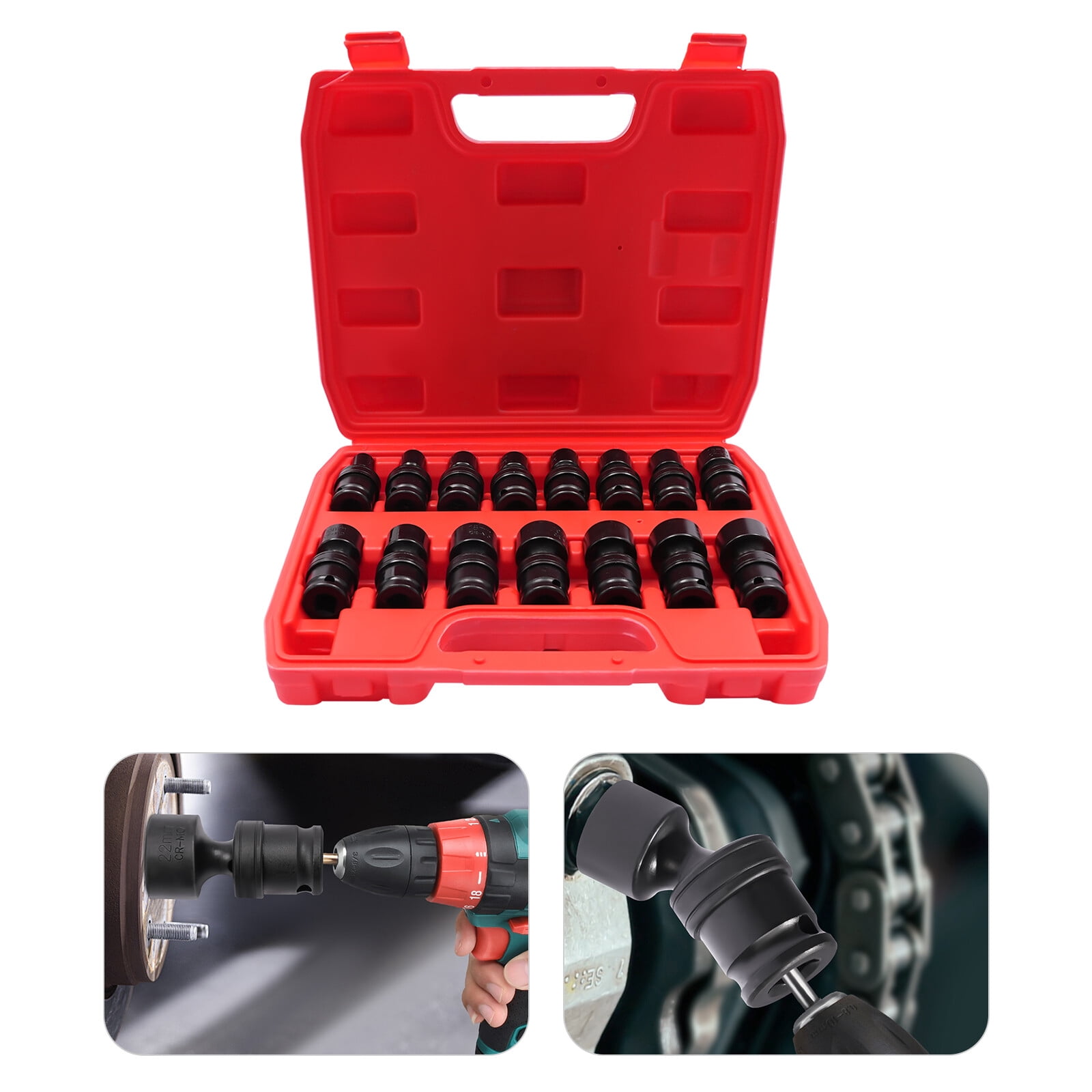 Impact Socket Kit, 3/8" Drive Impact Universal Joint Socket Kit, 15-Piece Impact Socket Set 8-22mm, Professional Mechanics and DIY Auto Repair