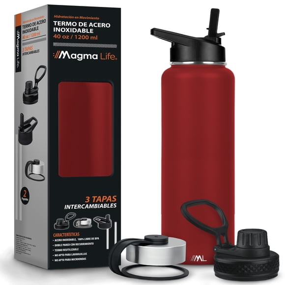 MAGMALIFE Termo de Acero Inoxidable para Agua y Café 1200 ml (40 oz): Contiene 3 Tapas para Diferentes tipos de Bebidas, Ideal para Mantener la Temperatura Deseada (Rojo)