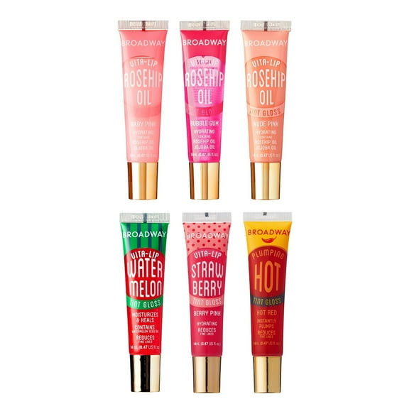 Ruby Kisses Broadway Vita-Lip Tinted Lip Gloss (6 Pack) Ultra-Hydrating, Nourishing, Soothing Formula with Vitamins, High-Shine Non-Sticky Lip Balm with Rosehip Coconut Oil, Pink & Red Shades