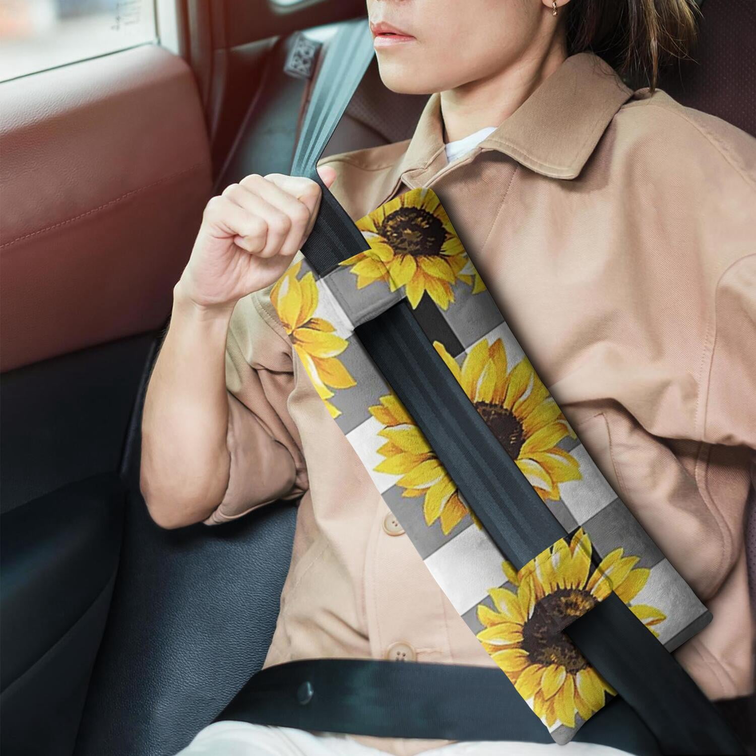 Sunflower and Butterfly Print Seatbelt Pillow - Plush Mastectomy Car Cushion - Boho Floral Design for Post Surgery Comfort - Women's Gift Idea