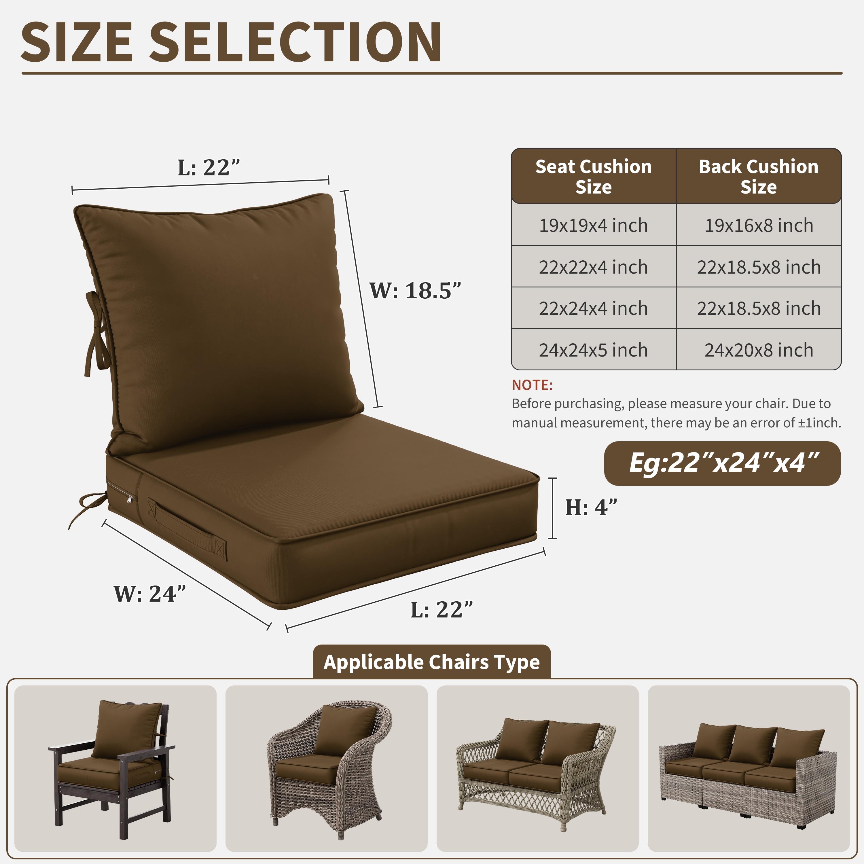 Kimunuk Outdoor Seat Cushion Set, 22" X 24" X 4" Water-Resistant & Fade-Resistant Patio Furniture Replacement Cushions with Handle and Straps for Sofa Chair, Chocolate