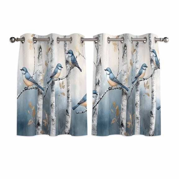 Spring Birds Kitchen Curtains Short 45 Inch Length, Grey Forest Tree Branch Oil Painting Grommet Top Bedroom Living Room Curtains, Light Filtering Cafe Curtain Drapes 2 Panels Set 84''x45''