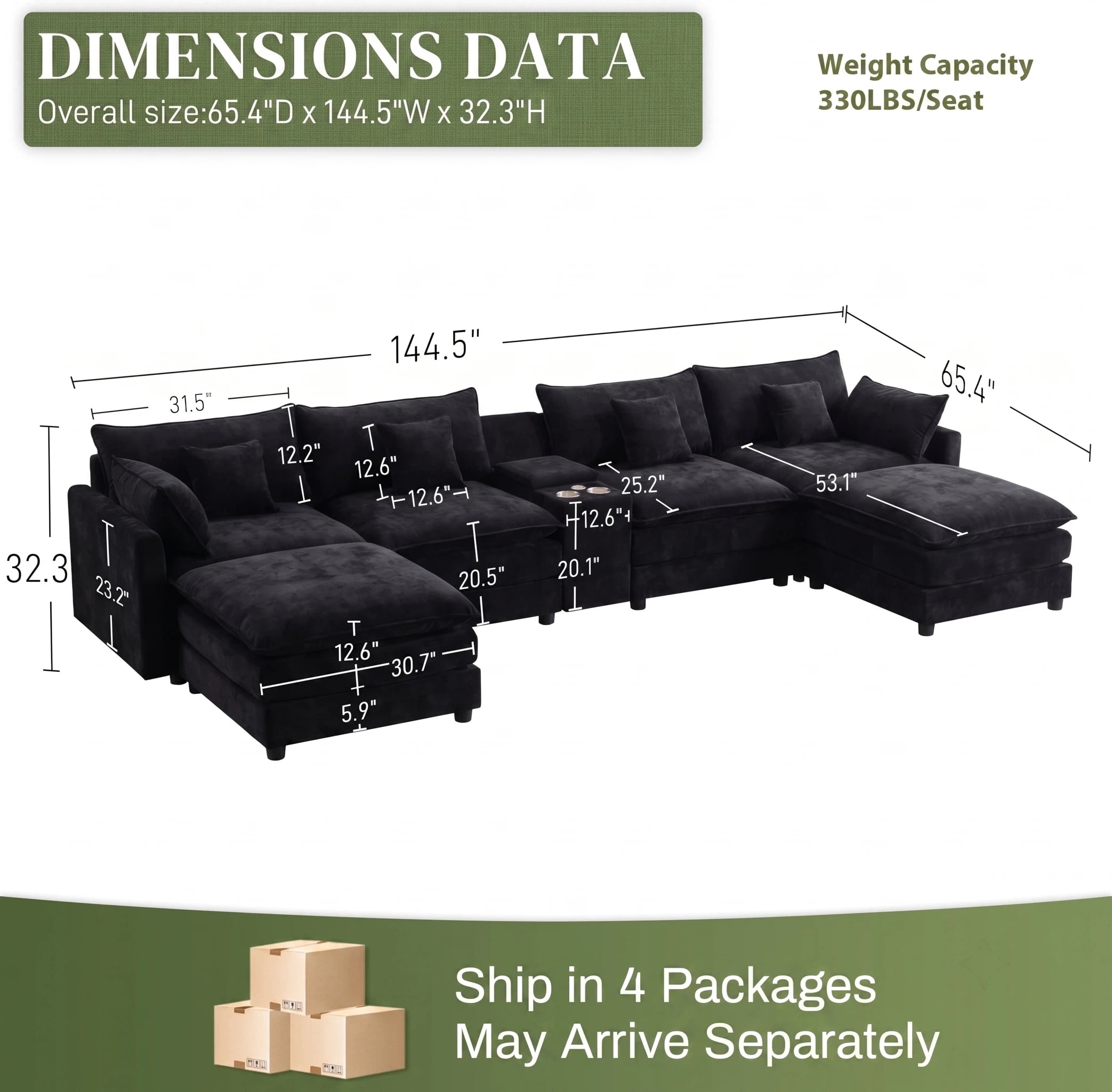 UBERLYFE 145 Inch U-Shaped Cloud Sectional Sofa, Chenille Modular Couch With Double Chaise, USB Charging Ports, Hidden Storage & Cup Holders For Living Room, Black