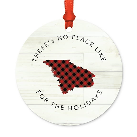 US State Round Metal Christmas Ornament, Red Plaid on Light Rustic Wood, Maine, Includes Ribbon and Gift Bag