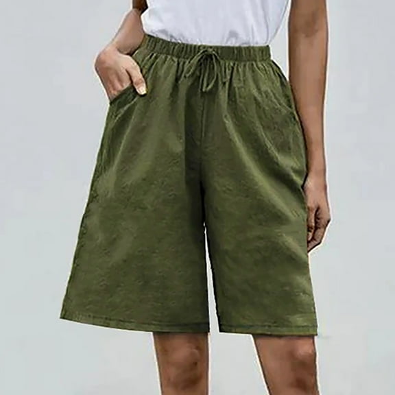 Hvyesh Women's Wide Leg Cotton Linen Shorts Summer Elastic Waist Loose Fit Comfy Drawstring Shorts Beach Lounge Shorts