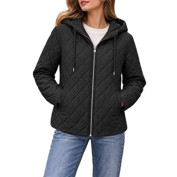 Mifsaly Womens Diamond Quilted Jackets Zip Up Drawstring Hood Puffer Jacket Fall Winter Daily Thermal Comfort Casual Wear Outdoor Workout Athletic Lounge Outfits