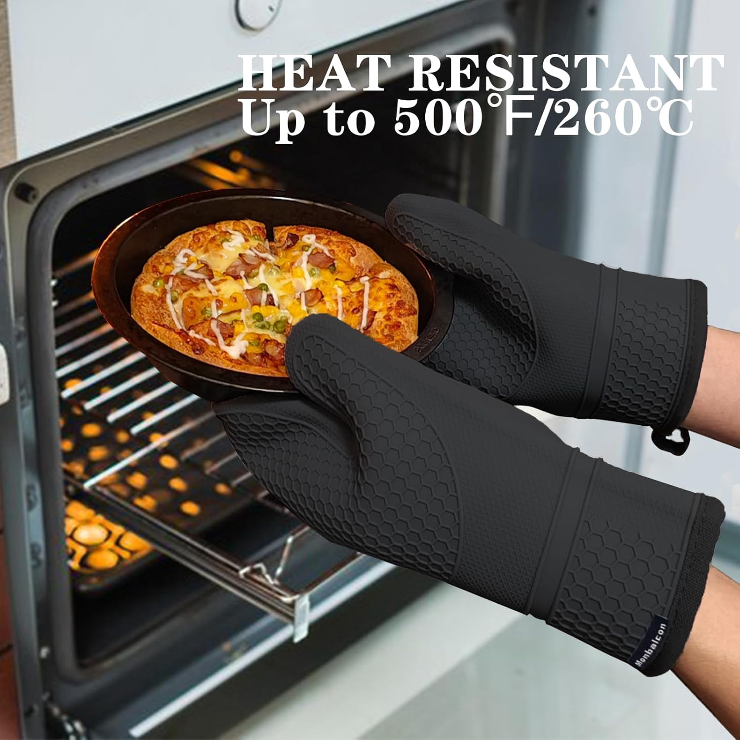 Thickened Silicone Oven Mitts Heat Resistant to 500ºF - [Ultra Heat Resistant] [Thickened Liner] [Waterproof Silicone] Kitchen Oven Gloves Mittens for Cooking, 1 Pair (Black)