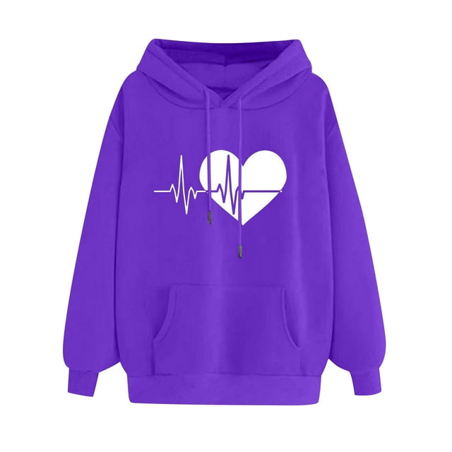 Pompotops Women's Comfortable Sweater Heart Pattern Printed Women's Hooded Pocket Drawstring Sweater Clearance