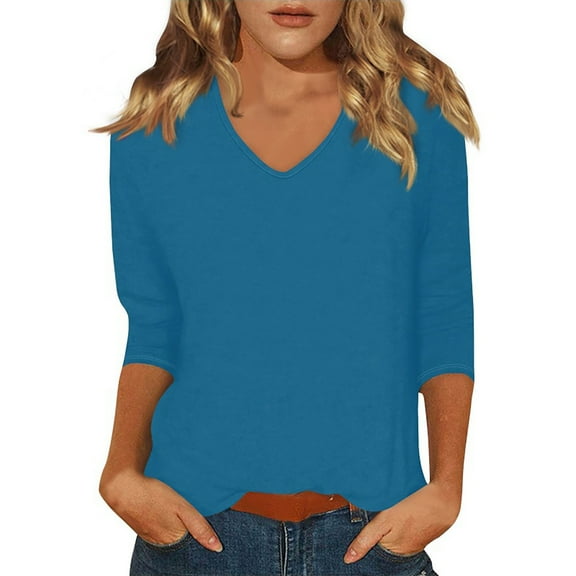 Womens 3/4 Sleeve Shirts, V Neck T Shirts for Women Summer Casual Loose Fit Solid Color Tees Tops S-2XL