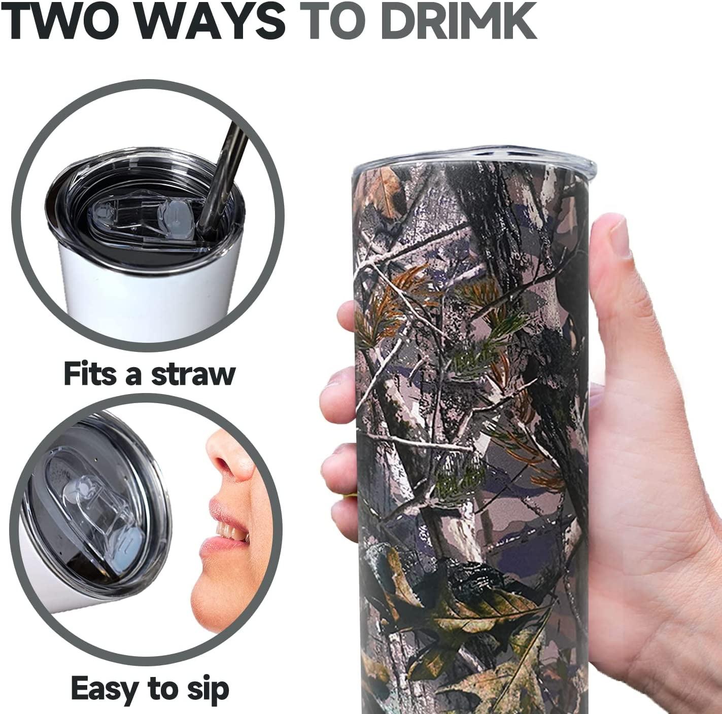 Camo Tumbler with Lid and Straw 20 oz Travel Camo Print Cup Stainless Steel  Vacuum Insulated Coffee Mug Gift for Women and Men 
