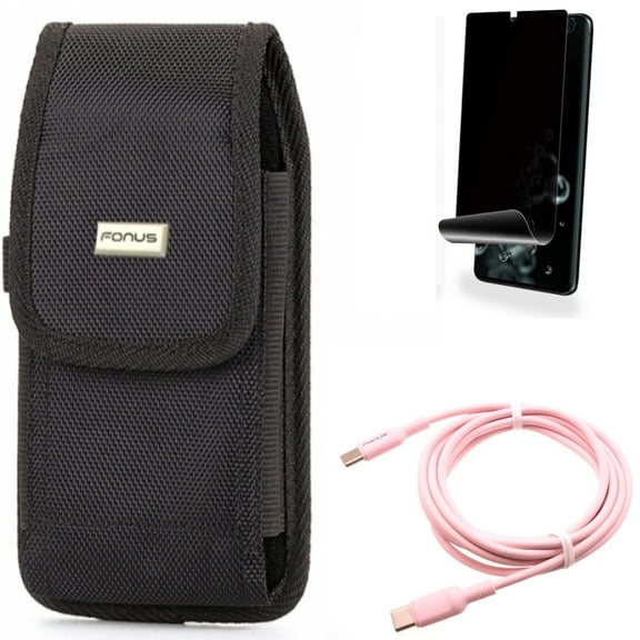 Pink 10ft Long Cable w Privacy Screen Protector w Case Belt Clip for Samsung Galaxy S20 Ultra - USB-C to Type-C PD Fast Charger Cord, TPU Film [NOT GLASS] [Fingerprint Works] fits Galaxy S20 Ultra