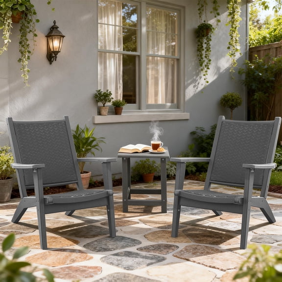 Tappio 3 Piece HDPE Adirondack Chairs Patio Furniture Set with HDPE Side Table, All Weather Outdoor Bistro Set, Easy Assembly, Gray