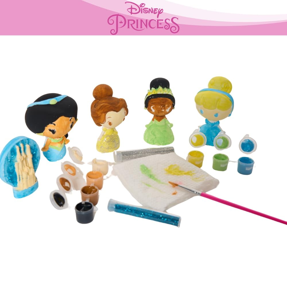 Disney Princess DIY Paint Your Own Figurines Arts and Crafts Set for Girls, Paint, Paint Brush, and Glitter – Cinderella, Belle, Tiana, Jasmine, and Princess Castle