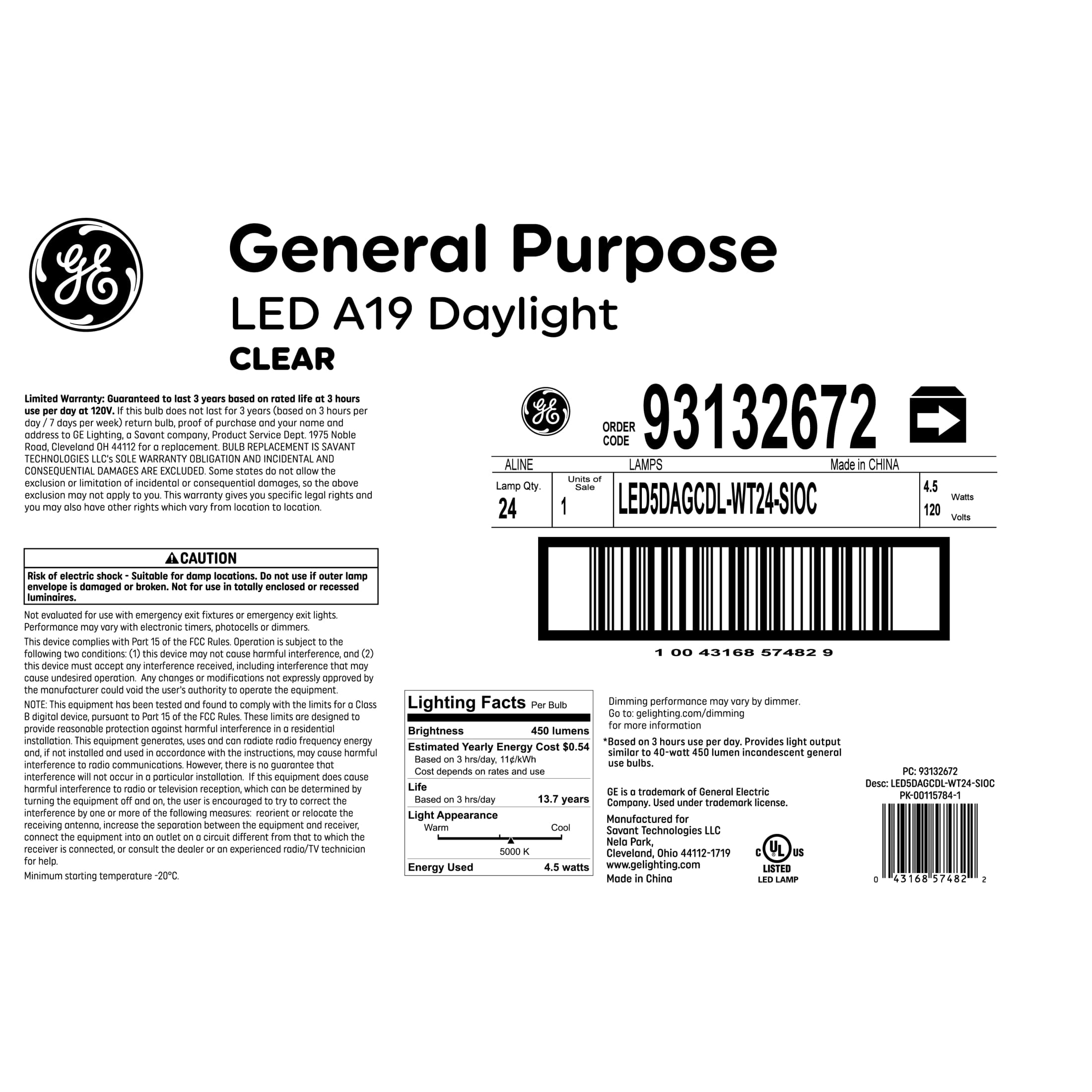 GE General Purpose Bulbs A19 LED Light Bulbs, 40 Watt Replacement, Daylight (24 Pack)