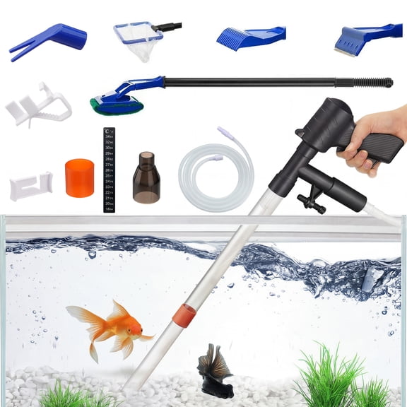 Aquarium Gravel Cleaner, Fish Tank Siphon Vacuum Cleaner with Thermometers Fish Net Kit Use for Water Changer Fish Tank Cleaning Gravel and Sand