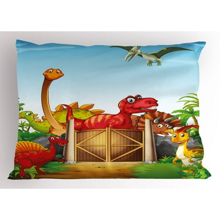 Dinosaur Illustrations (Kids Pillow Sham Cartoon Style Cute Dinosaurs in a Dino Park Jungle Trees Wildlife Habitat Illustration, Decorative Standard Size Printed Pillowcase, 26 X 20 Inches, Multicolor, by)