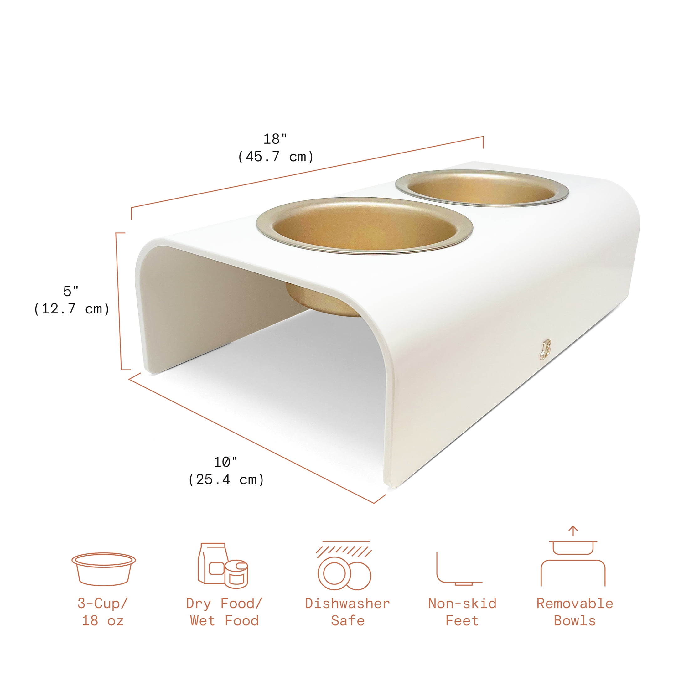 Beautiful by Drew Barrymore Double Elevated Pet Bowl with Stainless Steel Bowls, 4 Cup, Ivory