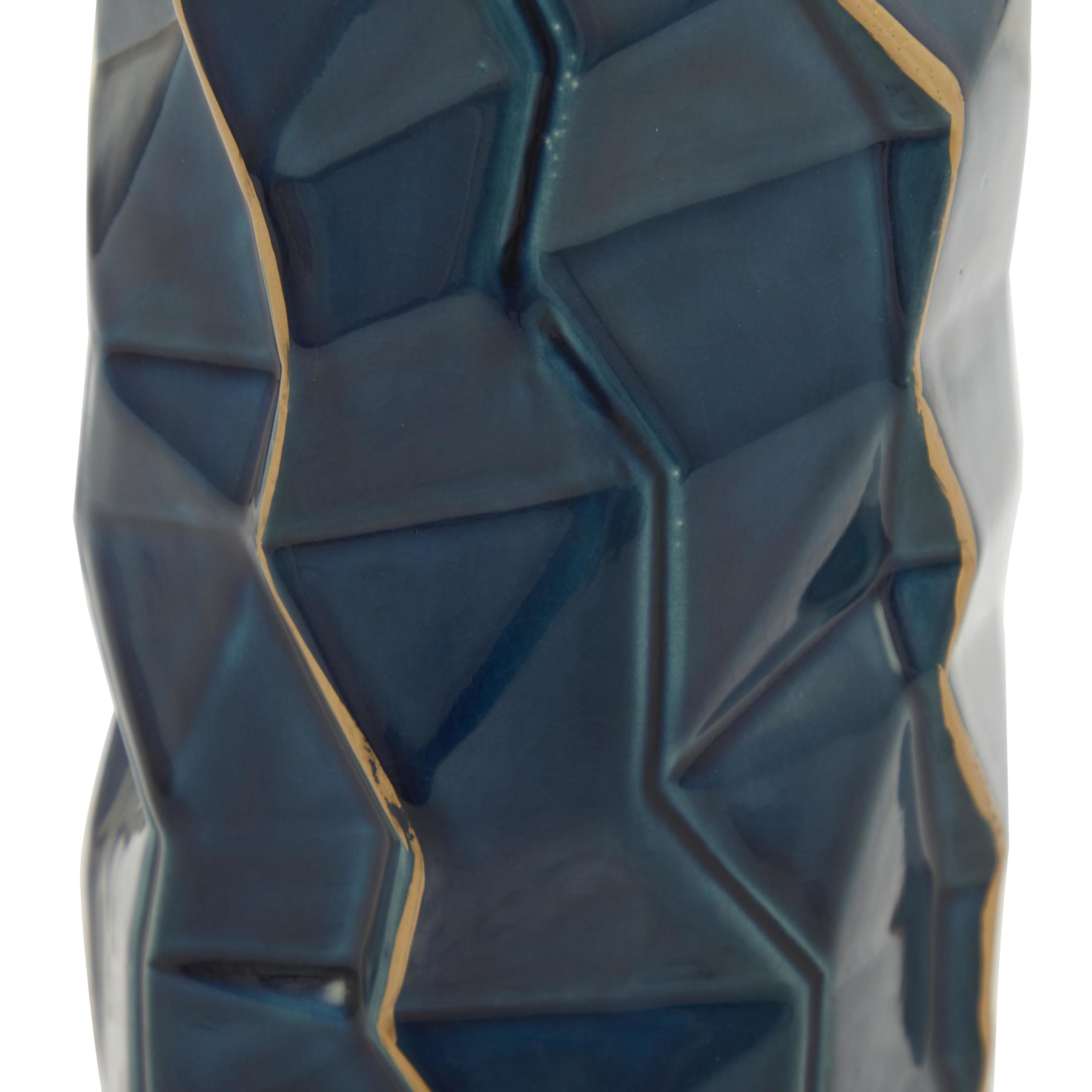 DecMode Blue Ceramic Modern and Coastal Vase 5"W x 15"H, featuring Minimalist Design with clean Lines and Angular Structures