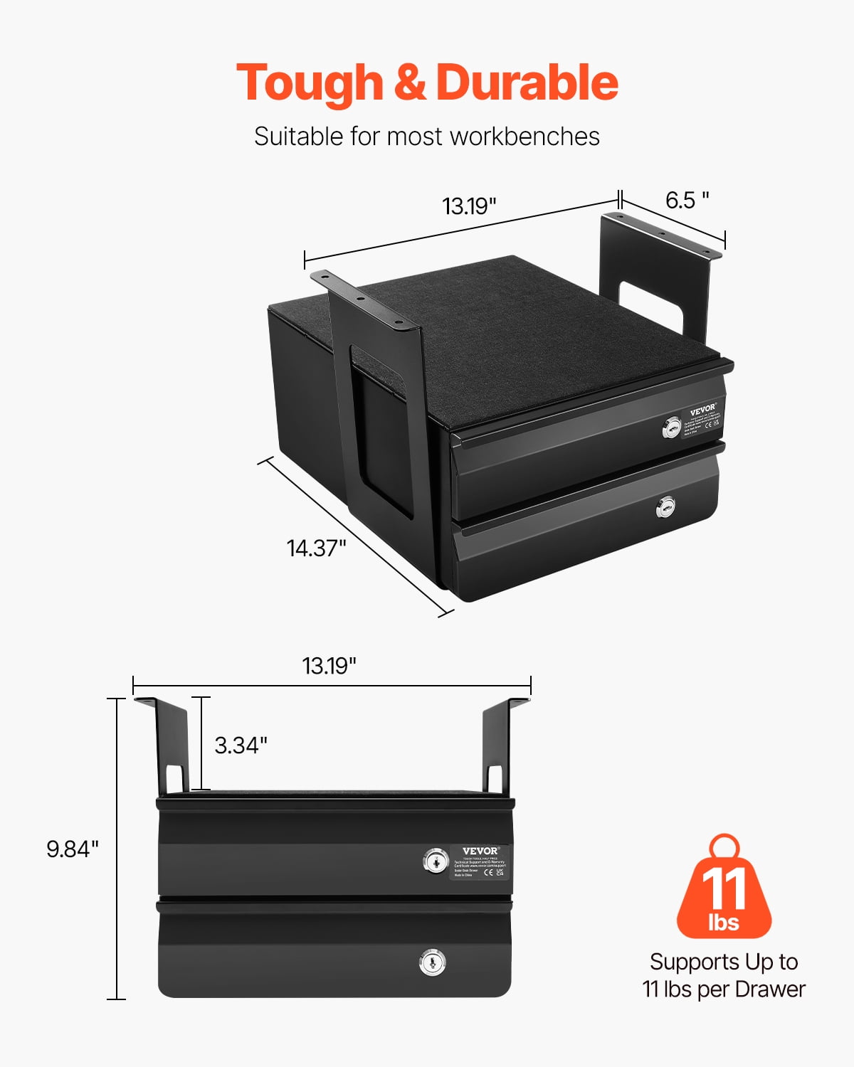 VEVOR 13" Wide Under Desk Drawer Slide Out, Under Desk Pull Out Drawer Attachment, Hidden Desktop 2-Tier Storage Organizer, Lockable Under Desk Pencil Drawer for Sit-Stand Workstation, 14x13x10 In