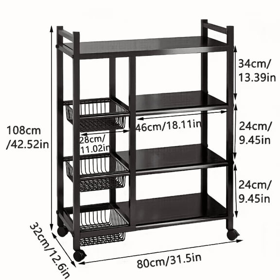 4-Tier Kitchen Storage Rack with Baskets, Rolling Microwave Stand with Wheels, Metal Baker’s Rack Shelf Organizer for Kitchen, Pantry, Dining Room, Bathroom, Black