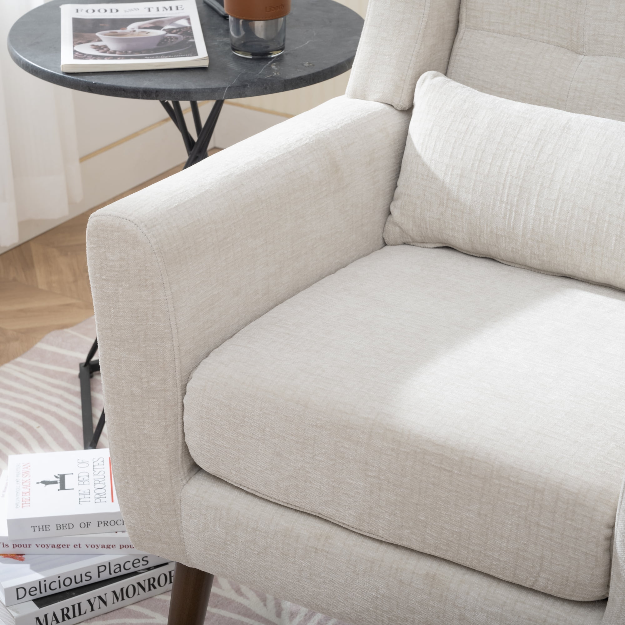 Leumius Modern Accent Chair with Solid Wood Leg, Chenille Armchair with Pillow, Comfy Soft Padded Lounge Chair for Small Space, Bedroom, Living Room Beige