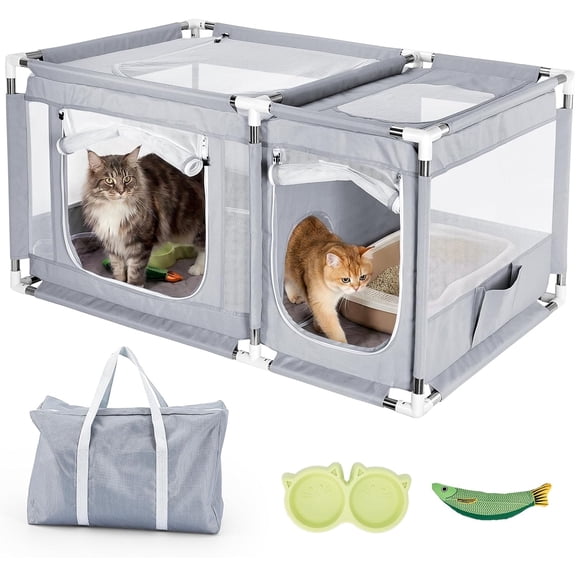 Flymer 2-in-1 Cat Playpen with Litter Box Area, Indoor Pet Tent for Kittens Puppies with Waterproof Mat for Adaptation, Recovery & Travel (Gray)