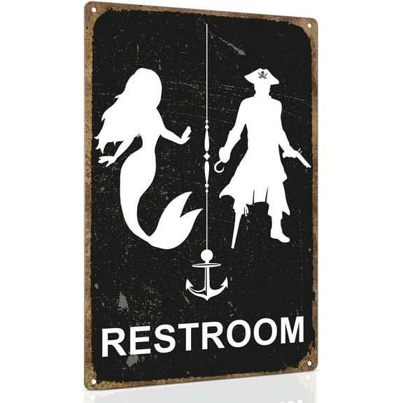 Nautical Themed Vintage Restroom Door Sign Fun Mermaid and Pirate Sign Suitable for Ocean, Beach, Ship Themed Wall Decor 8x12 Inch