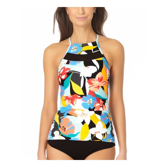 ANNE COLE Women's Coral Floral Stretch Removable Cups High Neck Mesh Tankini Swimsuit Top XS