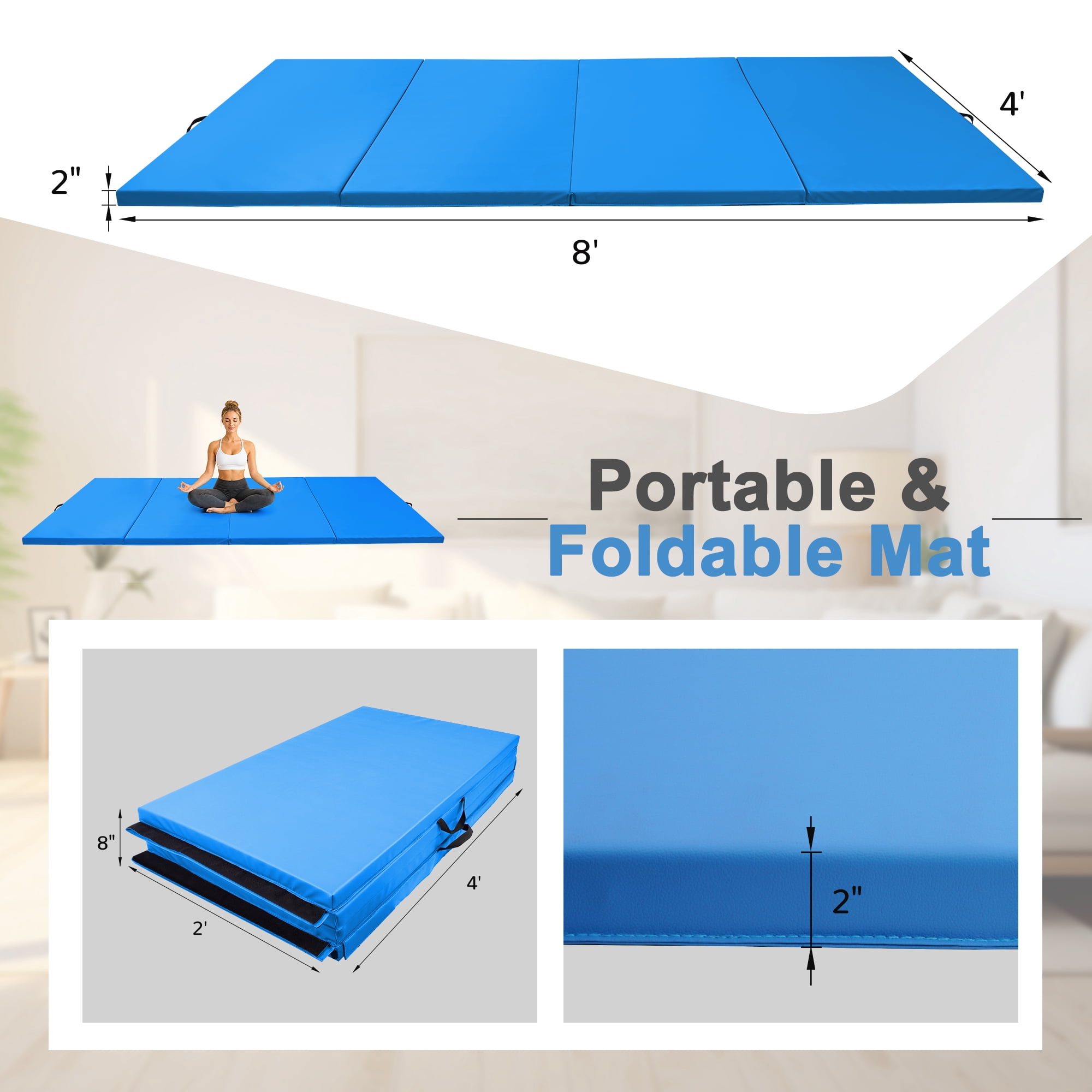 Sprint Demon 4FT x 8FT Folding Gymnastics Mat, Thick 2-Inch Exercise Mat with Vinyl Surface and Carrying Handles for Tumbling, Home Gym, Martial Arts, Yoga and Pilates, Blue