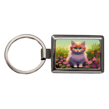 Munchkin Cat in Flower Garden Metal Rectangle Keychain