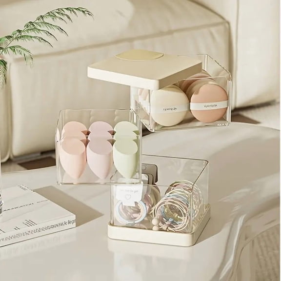 360° Rotating Powder Puff Storage Box, Dustproof Plastic Makeup Organizer for Cosmetics Brushes