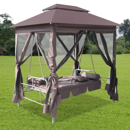 Anself Gazebo Convertible Swing Bench with Curtains and Cushion Steel Frame for Garden  Balcony  Backyard  Patio Outdoor Furniture 86.6 x 63 x 94.5 Inches (L x W x H)
