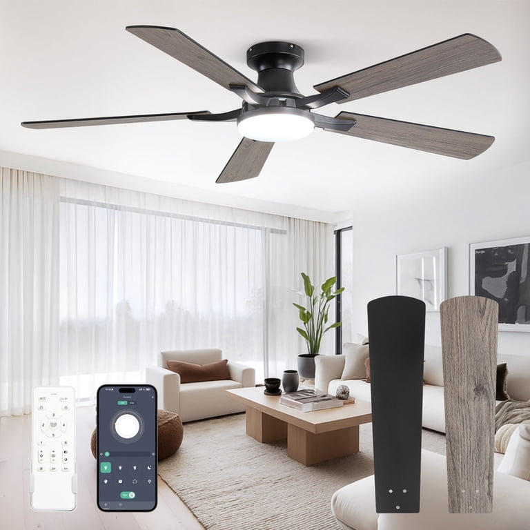 Breezary 52\" Modern Indoor Ceiling Fan With LED Light, 5 Reversible Plywood Blades, 6 Speed DC Motor, Remote, Timer, 5\" Downrod White 24024-WH - Best Buy