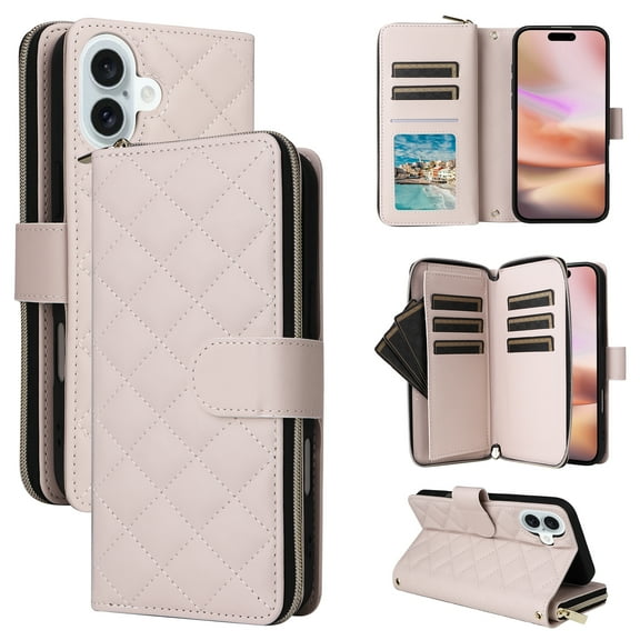Allytechgroup Case for iPhone 16 Plus with Credit Card Slot, Built-in Shoulder Strap Lanyard PU Leather Wallet Flip Stand Case Full Body Shockproof Protective for iPhone 16 Plus, Beige