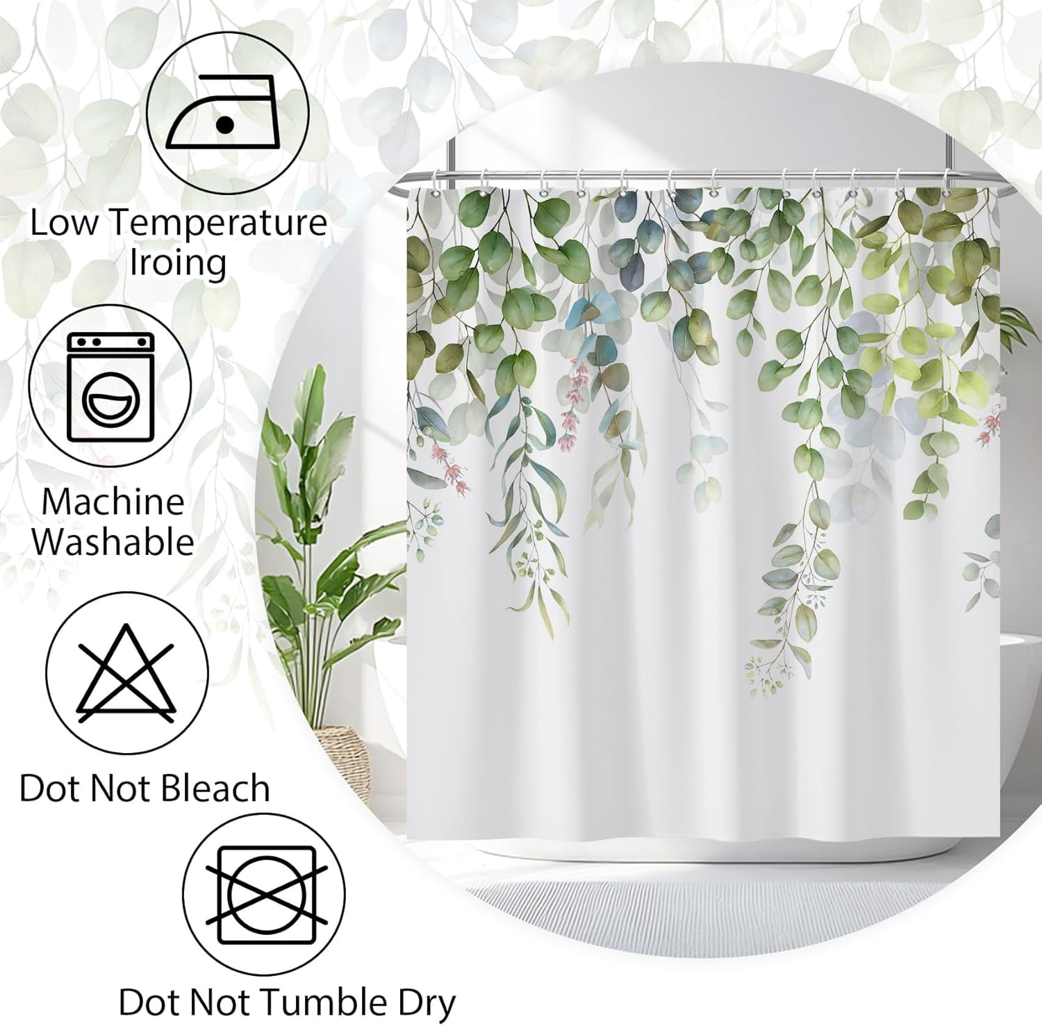72x84 Inches Sage Green Leaves Shower Curtain Watercolor Eucalyptus Leaf Floral Plant Bath Curtain Botanical Fabric Shower Curtain for Bathroom Decor Set Polyester Waterproof with Hooks