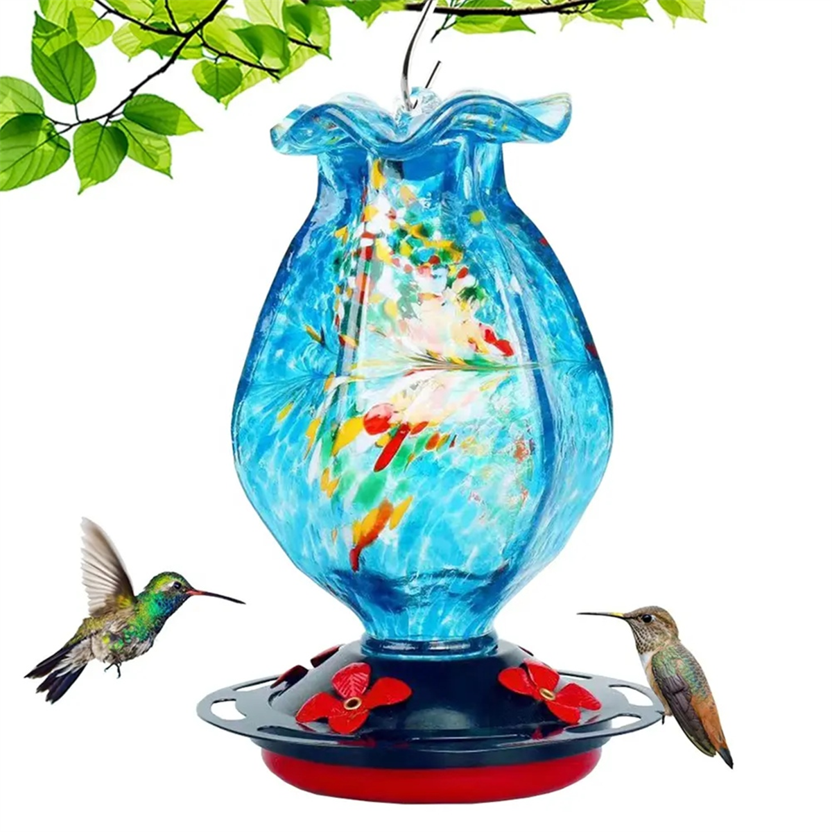 Garden Hummingbird Feeder for Outdoors 1 Pack, Hand Blown Glass Bundle Ocean Mermaid and Blue