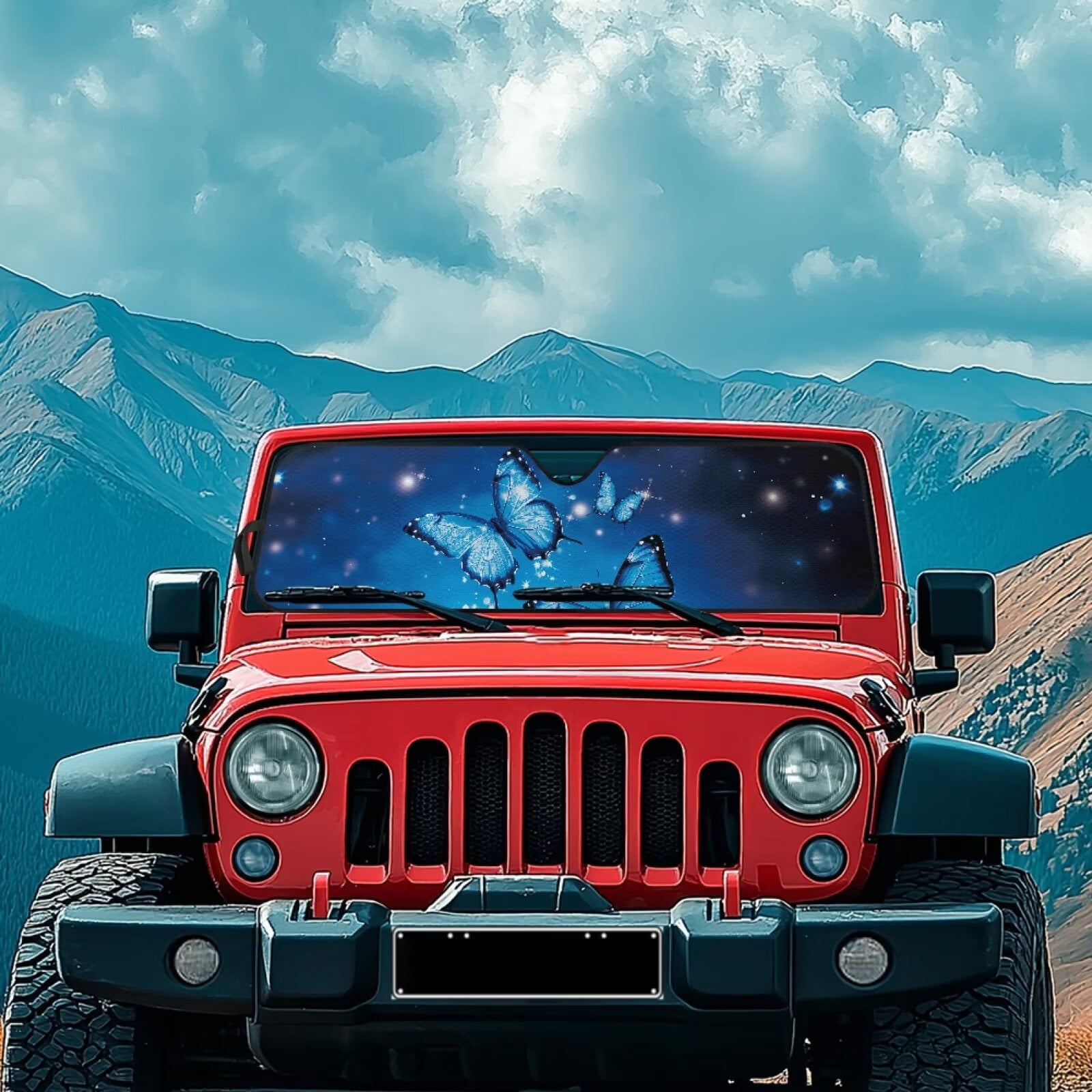 HUIACONG Blue Butterfly Sunshade Windshield Car Sun Shade Heat Shield Sunshade Sun Visor Mat for 1997-2017 Jeep Wrangler Rubicon Sahara TJ JK JKU 2/4 Doors